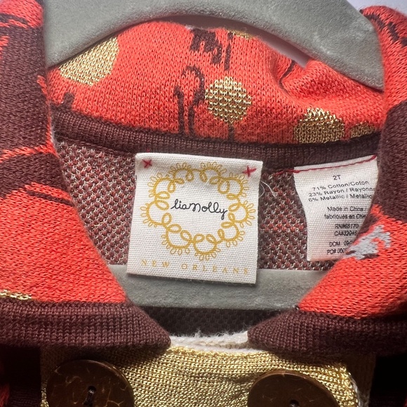 Lia Molly Anthropologie Sweater Monkey Print Double Button Gold Tan Red/Brown - Picture 2 of 7